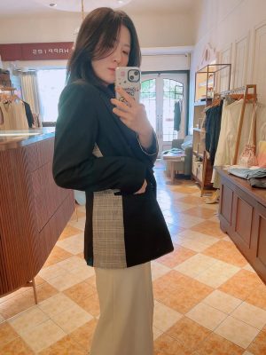 格紋拼接設計感俐落剪裁西裝外套