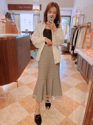 經典灰格紋修身微魚尾氣質長裙