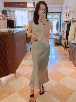 霧灰色落肩感寬鬆無袖針織上衣